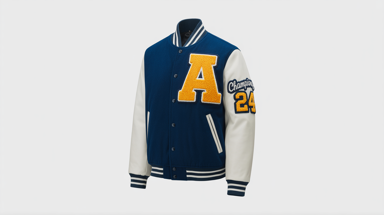 A mockup of a customizable navy blue and white varsity jacket with a yellow 'A' patch and a 'CHAMPIONS 24' emblem, shown against a clean white background.