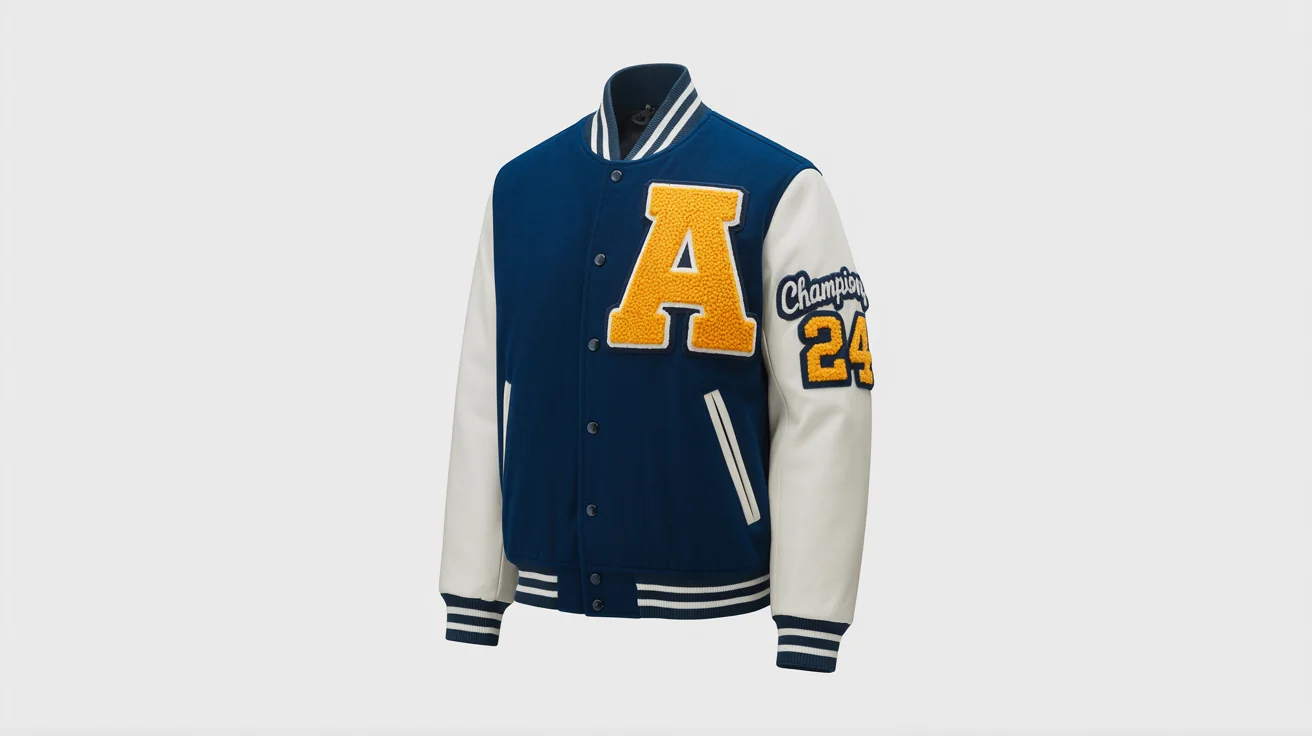 A mockup of a customizable navy blue and white varsity jacket with a yellow 'A' patch and a 'CHAMPIONS 24' emblem, shown against a clean white background.