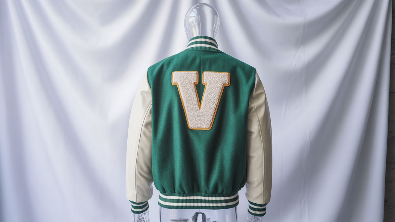 A professional product photo of a classic varsity jacket with a forest green wool body, cream leather sleeves, and a large 'V' patch, displayed on a ghost mannequin against a white background.