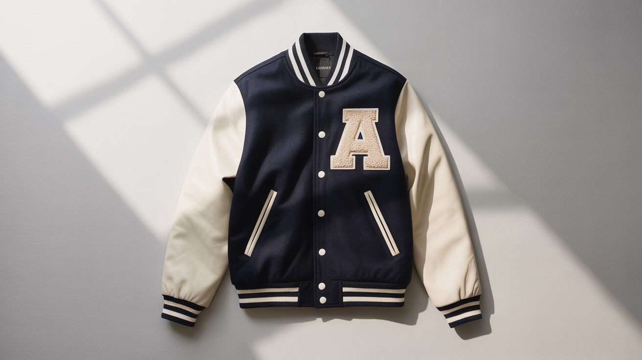 A navy blue and cream varsity jacket with a chenille letter 'A' patch on the chest, arranged in a flat lay on a clean white background.