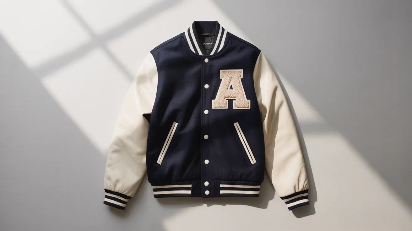 A navy blue and cream varsity jacket with a chenille letter 'A' patch on the chest, arranged in a flat lay on a clean white background.