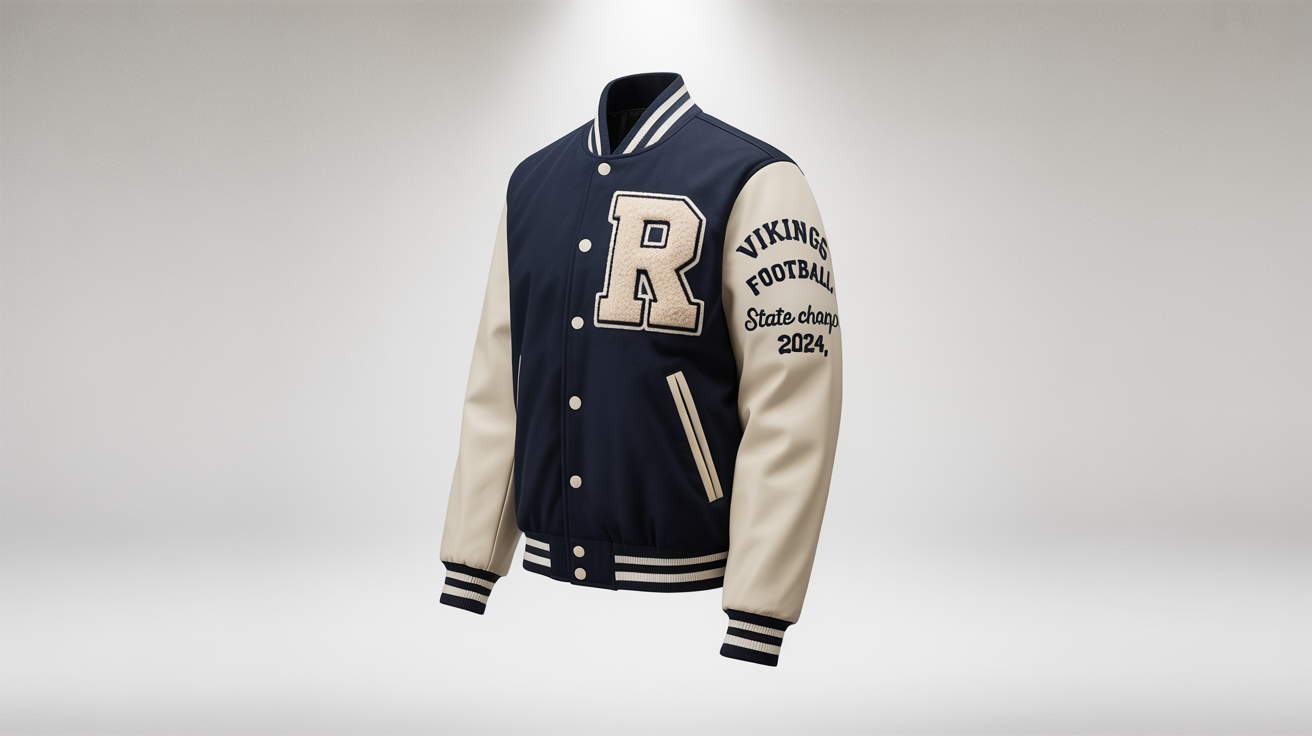A professional product mockup of a navy blue and cream varsity jacket on a white background, featuring a large 'R' chenille patch and 'State Champs 2024' embroidery.