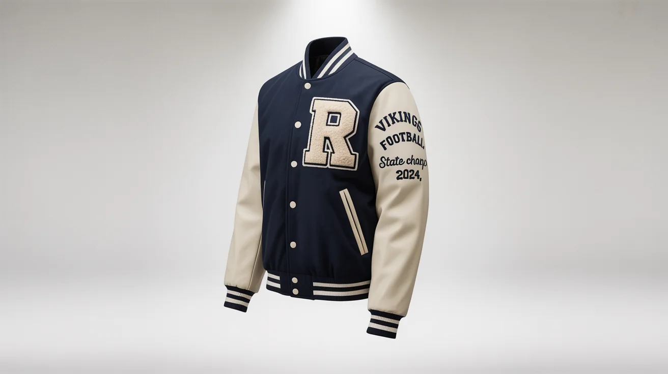 A professional product mockup of a navy blue and cream varsity jacket on a white background, featuring a large 'R' chenille patch and 'State Champs 2024' embroidery.