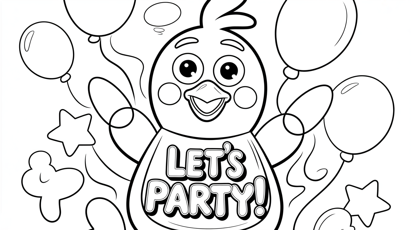 A completed coloring page featuring Toy Chica from Five Nights at Freddy's. The character is colored in vibrant yellow, and her bib clearly says 'LET'S PARTY!'. The background is filled with colorful balloons and stars, representing the final, beautifully colored result of the activity.