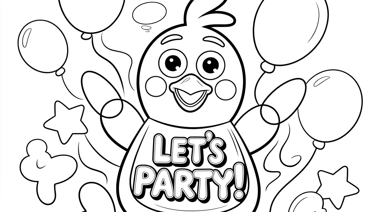 A completed coloring page featuring Toy Chica from Five Nights at Freddy's. The character is colored in vibrant yellow, and her bib clearly says 'LET'S PARTY!'. The background is filled with colorful balloons and stars, representing the final, beautifully colored result of the activity.