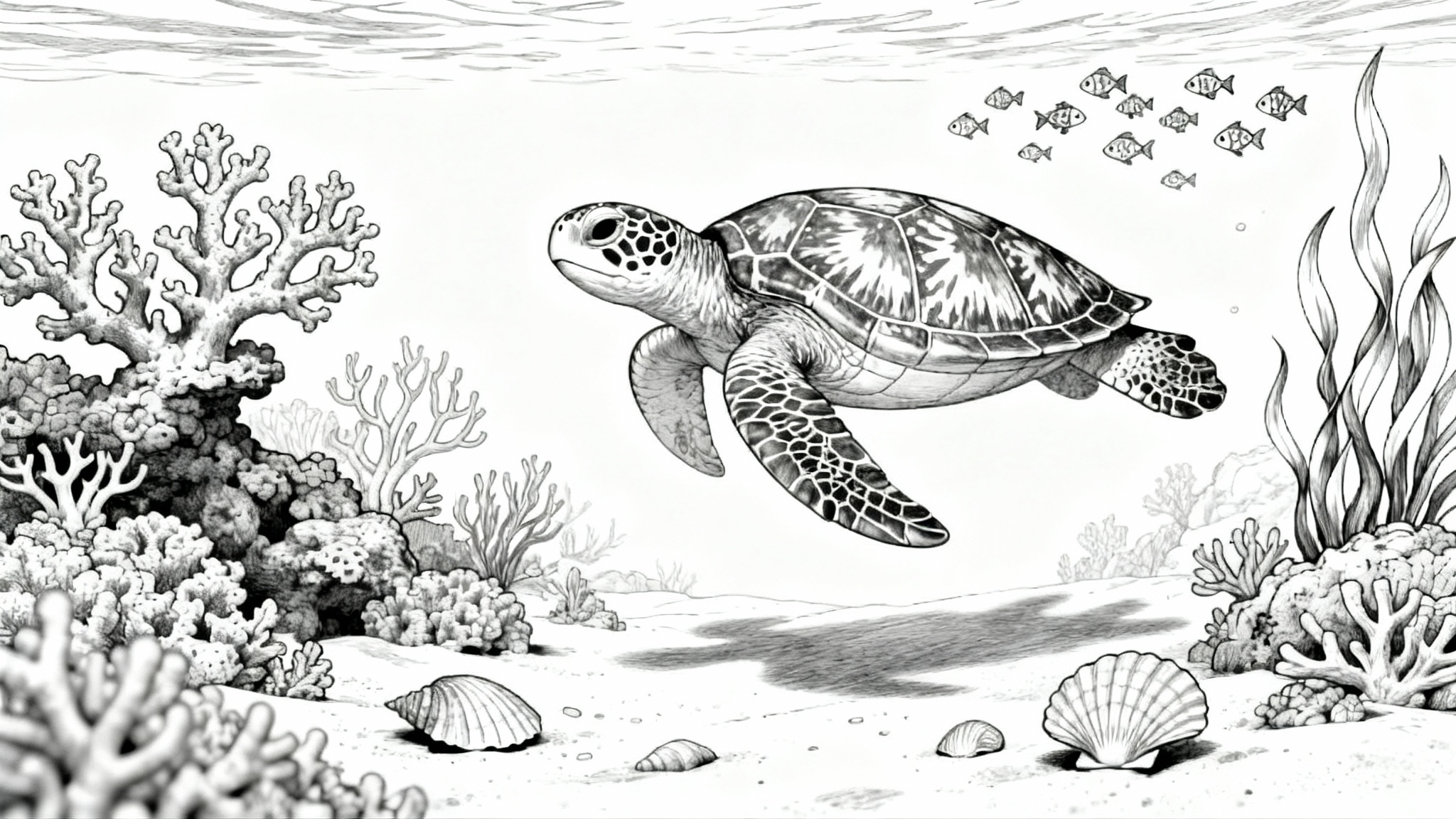A black and white line art coloring page featuring an intricate underwater scene with a large sea turtle, coral reefs, and fish, presented as a mockup on a white background.