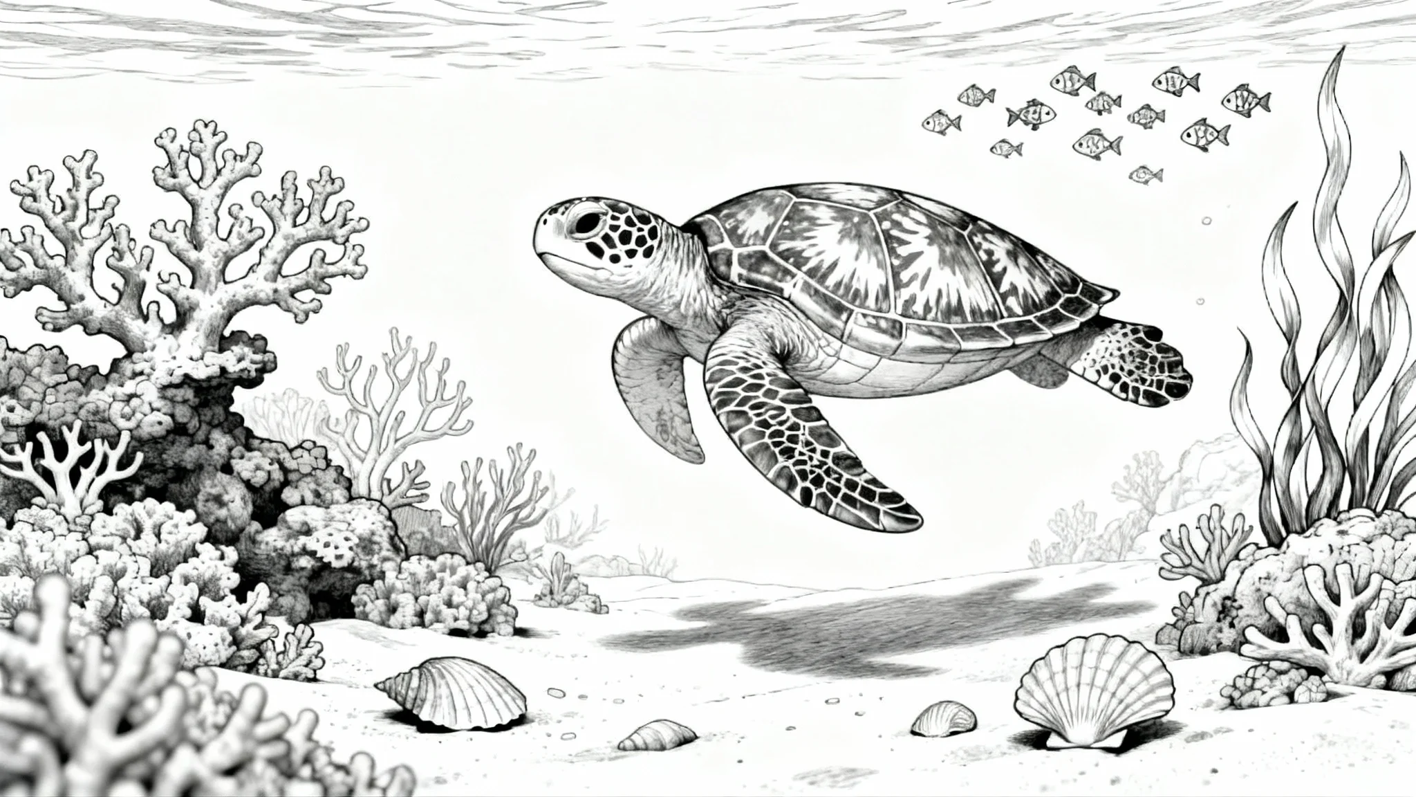 A black and white line art coloring page featuring an intricate underwater scene with a large sea turtle, coral reefs, and fish, presented as a mockup on a white background.