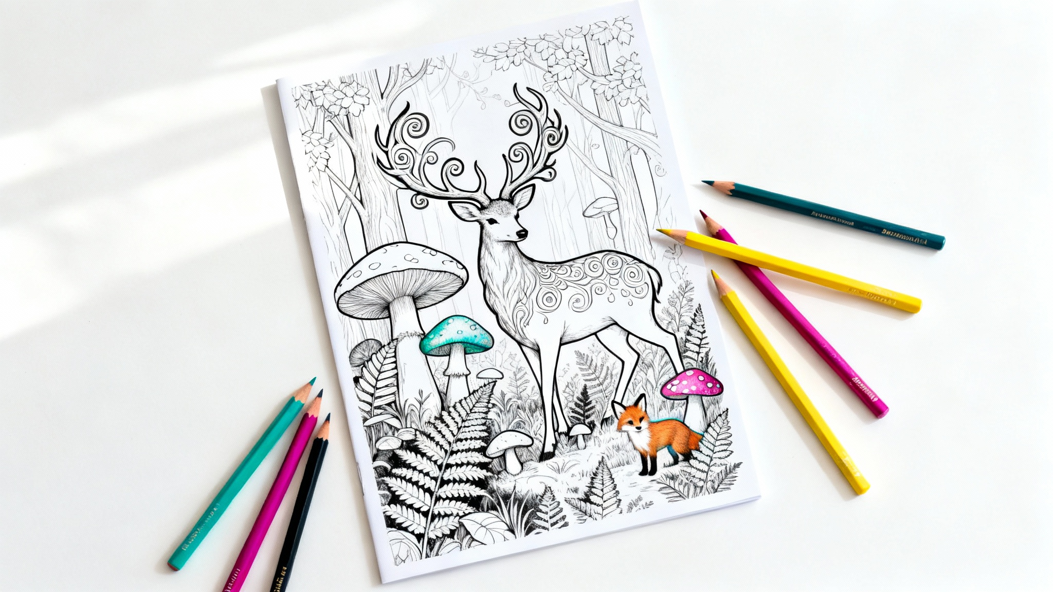 A close-up of a detailed coloring page showing an enchanted forest scene with a stag. A portion of the page is colored in with vibrant pencils, which are lying next to the page on a white background.