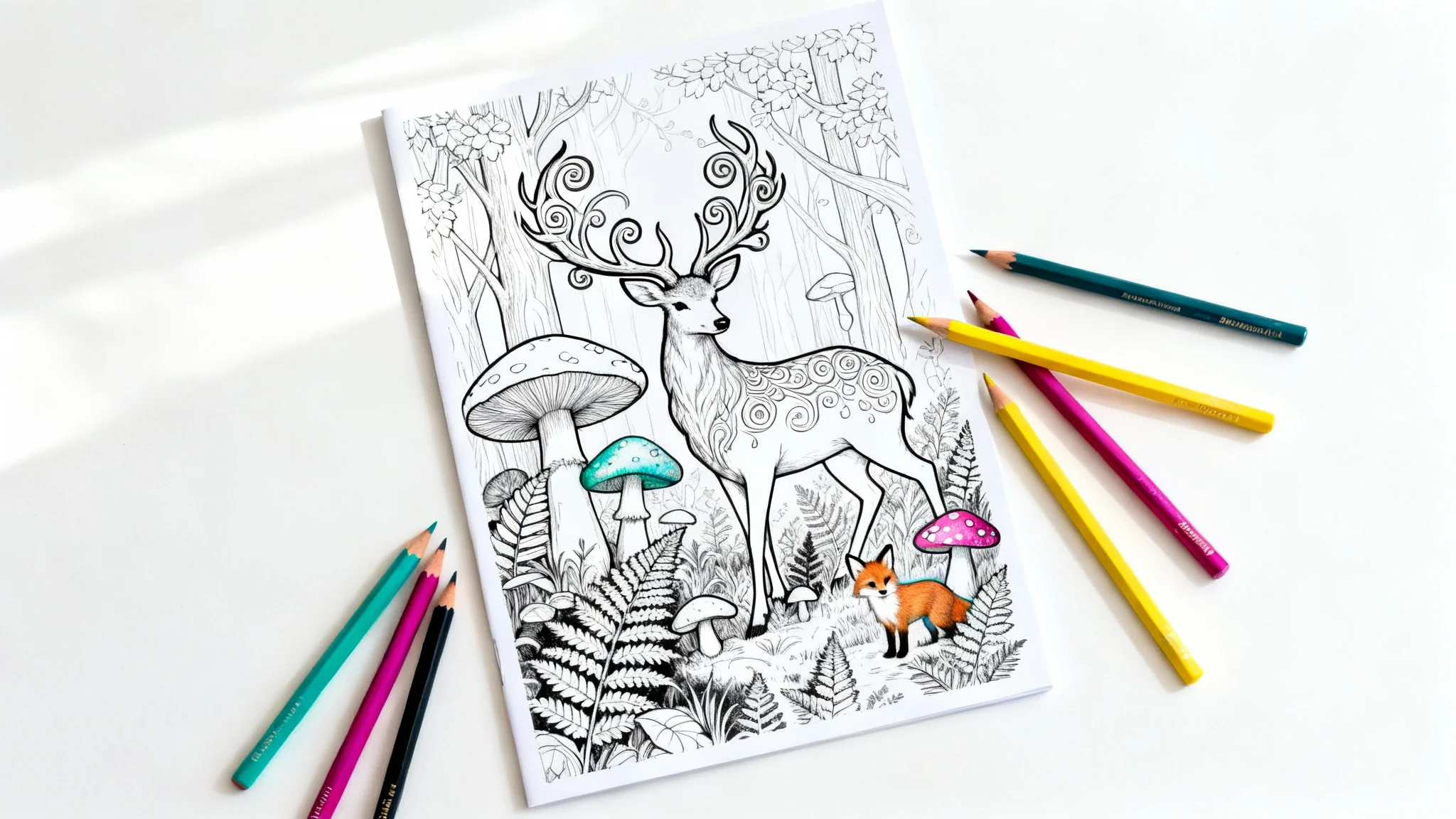 A close-up of a detailed coloring page showing an enchanted forest scene with a stag. A portion of the page is colored in with vibrant pencils, which are lying next to the page on a white background.