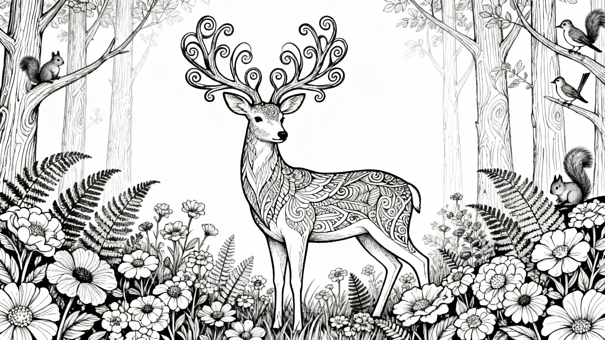 A detailed black and white coloring page design featuring a majestic deer with intricate patterns, surrounded by a whimsical forest scene, presented on a plain white background.