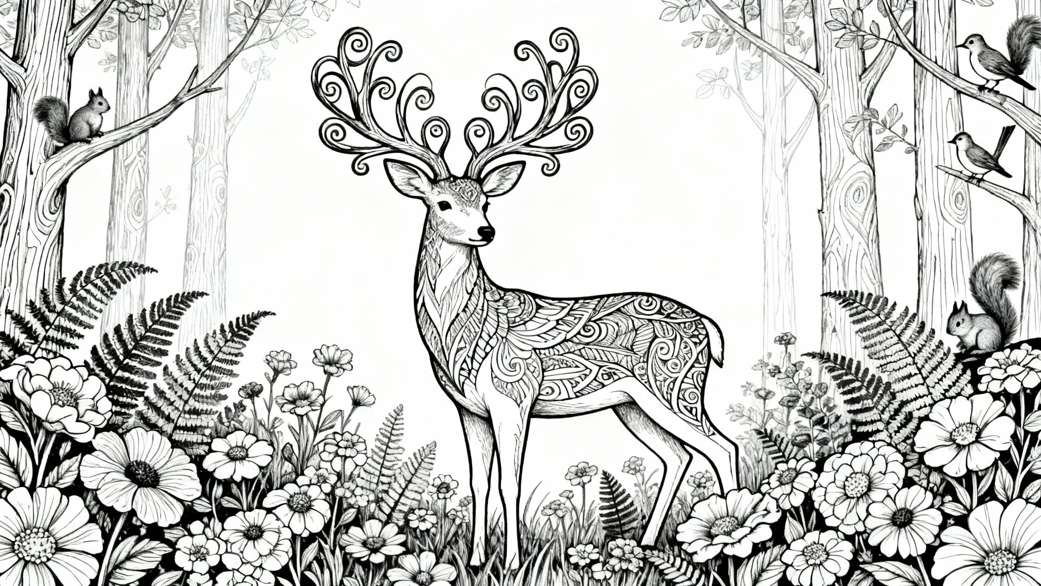 A detailed black and white coloring page design featuring a majestic deer with intricate patterns, surrounded by a whimsical forest scene, presented on a plain white background.