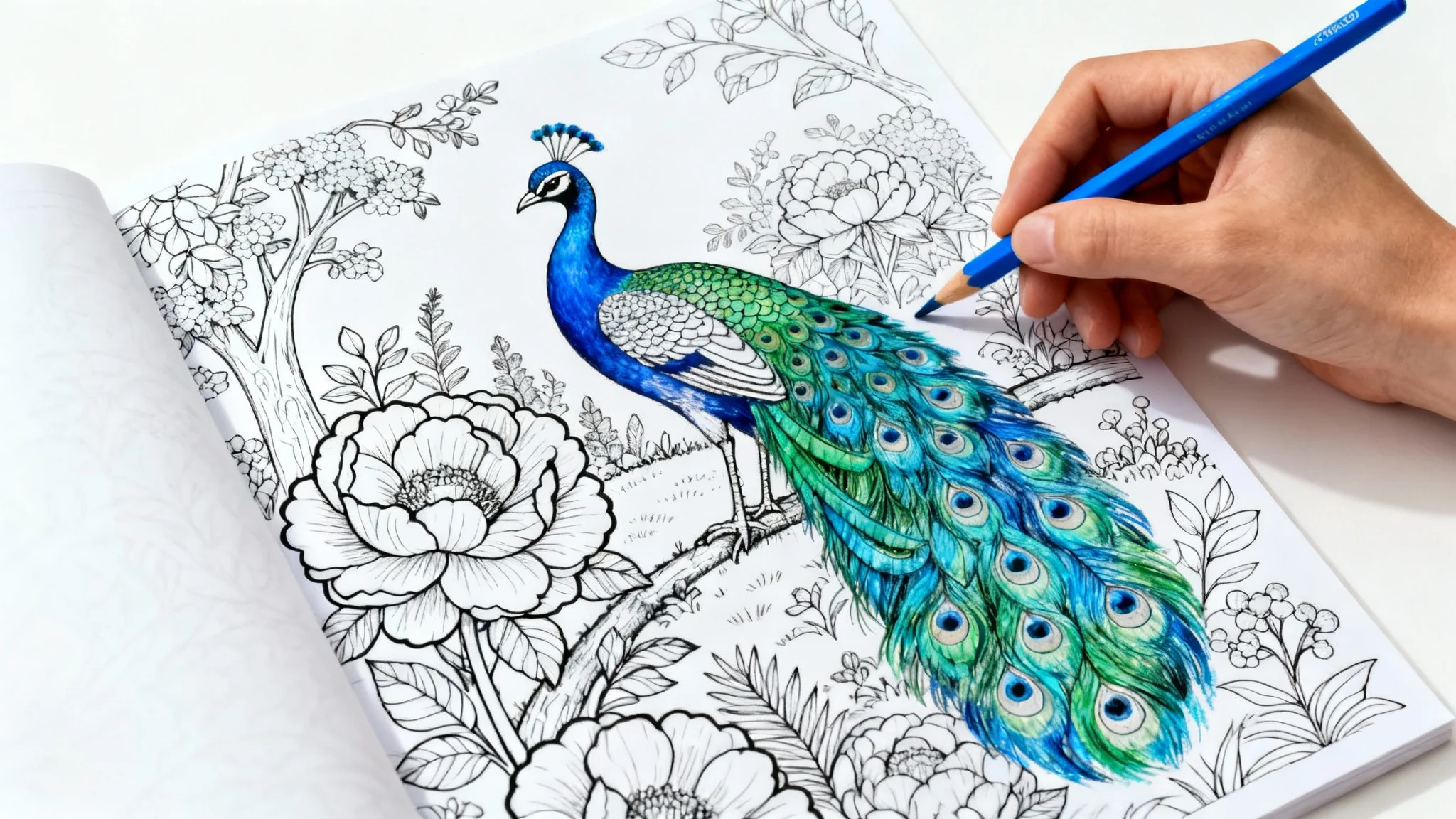 A top-down view of a hand with a blue pencil coloring in a detailed black and white coloring page of a peacock in a garden. A portion of the peacock's feathers are filled with vibrant blue and green colors, contrasting with the uncolored parts of the page, all on a clean white surface.