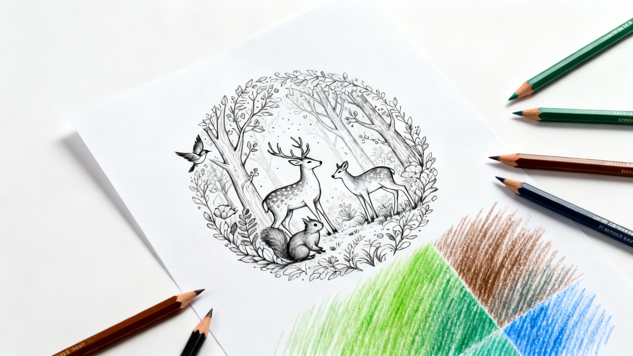 A top-down view of a coloring page featuring a detailed forest scene. A portion of the page is colored in, and several colored pencils are laid next to it on a plain white background.