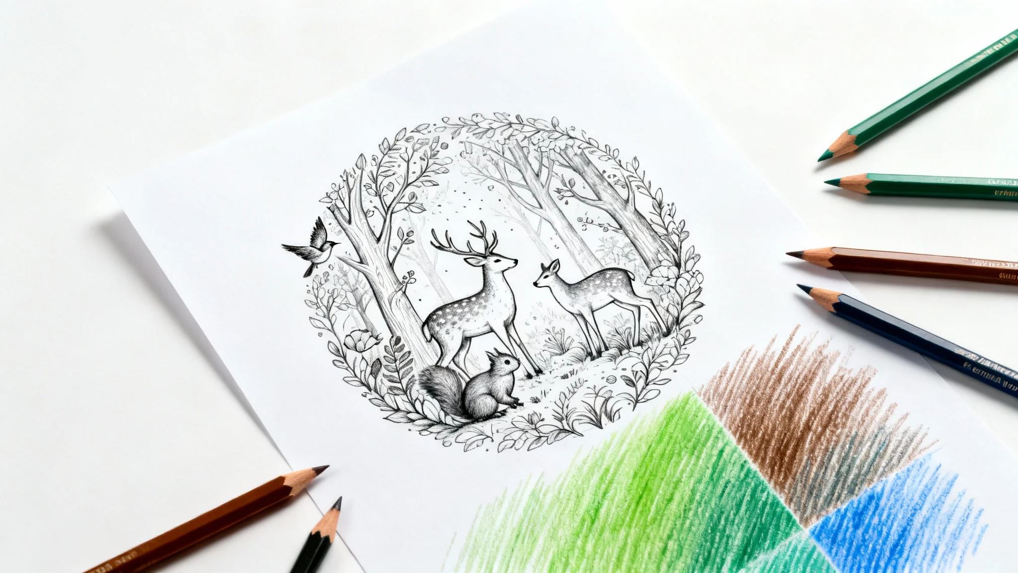 A top-down view of a coloring page featuring a detailed forest scene. A portion of the page is colored in, and several colored pencils are laid next to it on a plain white background.