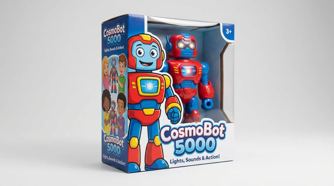 A professional product shot of a vibrant toy box for a 'CosmoBot 5000' robot toy. The colorful packaging features a large cartoon robot, a clear window showing the toy inside, and is set against a clean studio background.