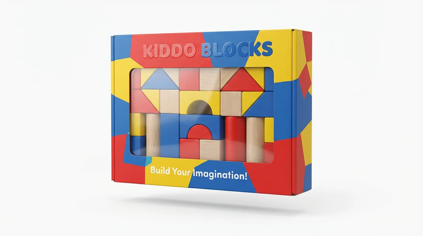 A professional product photo of a colorful toy box for 'KIDDO BLOCKS' against a plain white background, showing wooden building blocks through a clear window.