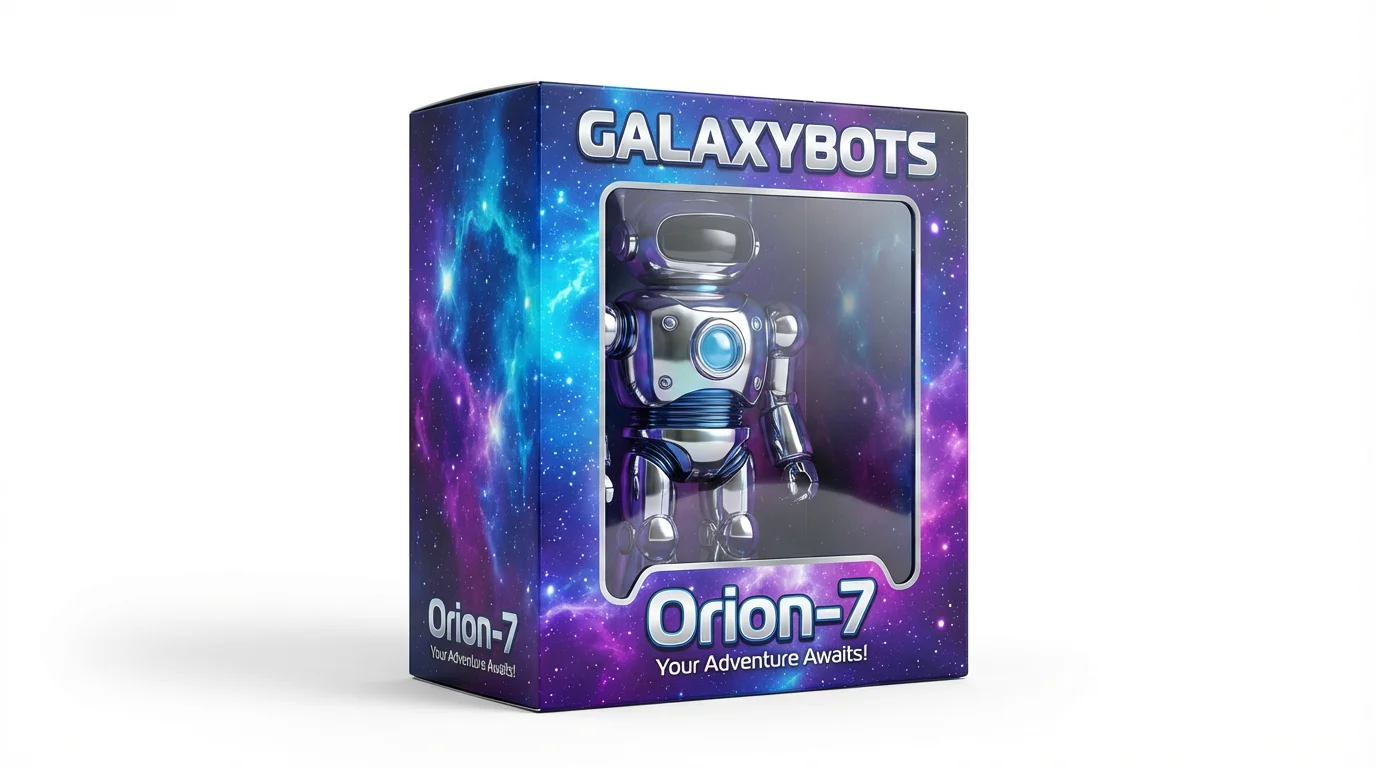 A professional product mockup of a futuristic robot toy packaging for 'GALAXYBOTS', featuring the toy 'Orion-7' on a clean white background.