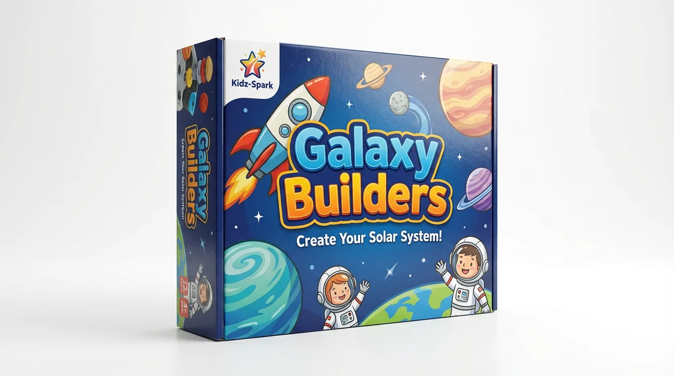 A professional product photo of a colorful toy box for a children's space-themed building kit named 'Galaxy Builders', set against a plain white background.