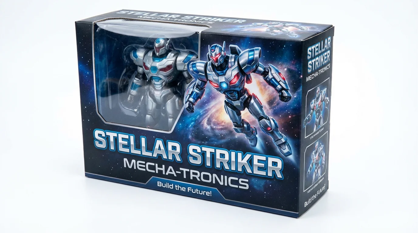 A professional product mockup of a toy robot box named 'Stellar Striker', featuring dynamic art and a clear window, set against a clean white background.