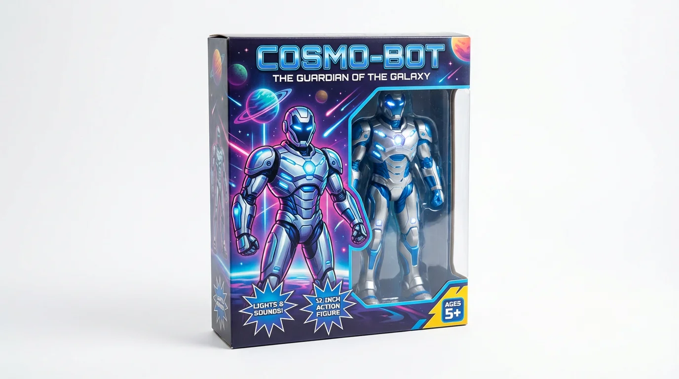 A professional product mockup of a vibrant 'COSMO-BOT' robot action figure toy box on a clean white background, showcasing its dynamic design and features.