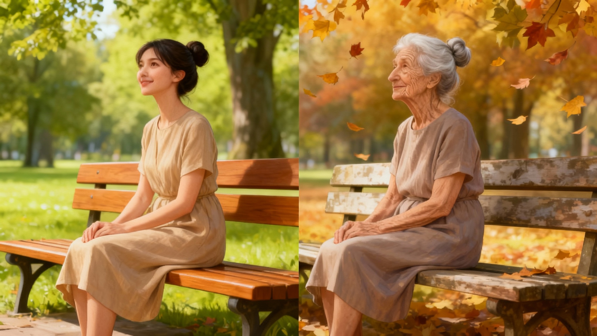 A split-screen digital illustration showing a woman at two stages of her life. On the left, she is a young woman in a summer park. On the right, she is an elderly woman in the same park during autumn, showing the result of an 'age character' effect.