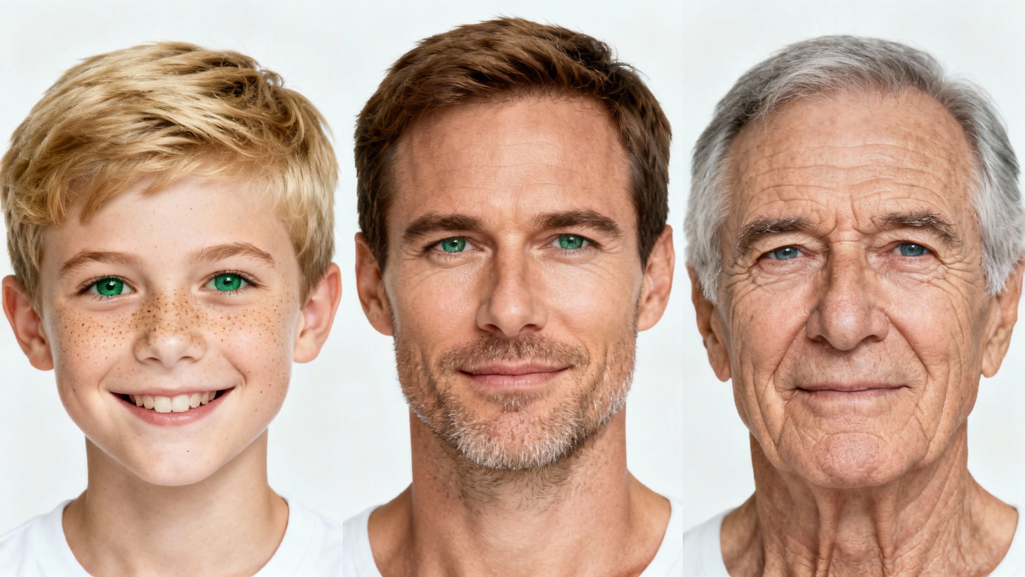 A side-by-side comparison of the same man at three different ages: as a young boy, a middle-aged adult, and an elderly man, demonstrating a realistic aging effect on a white background.