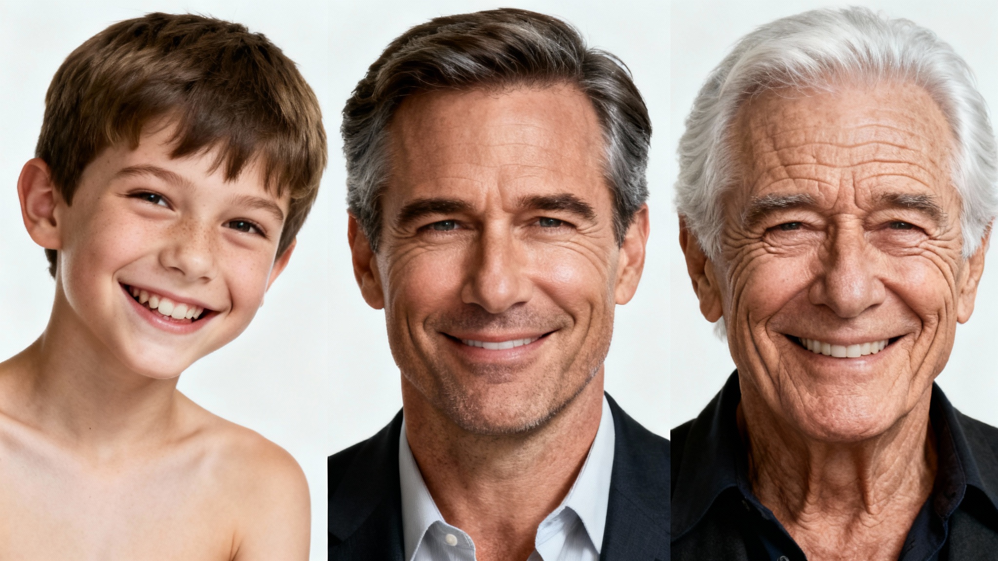 A three-panel image demonstrating character aging. It shows the same man as a young boy, a middle-aged adult, and a wise elderly person, all against a clean white background.