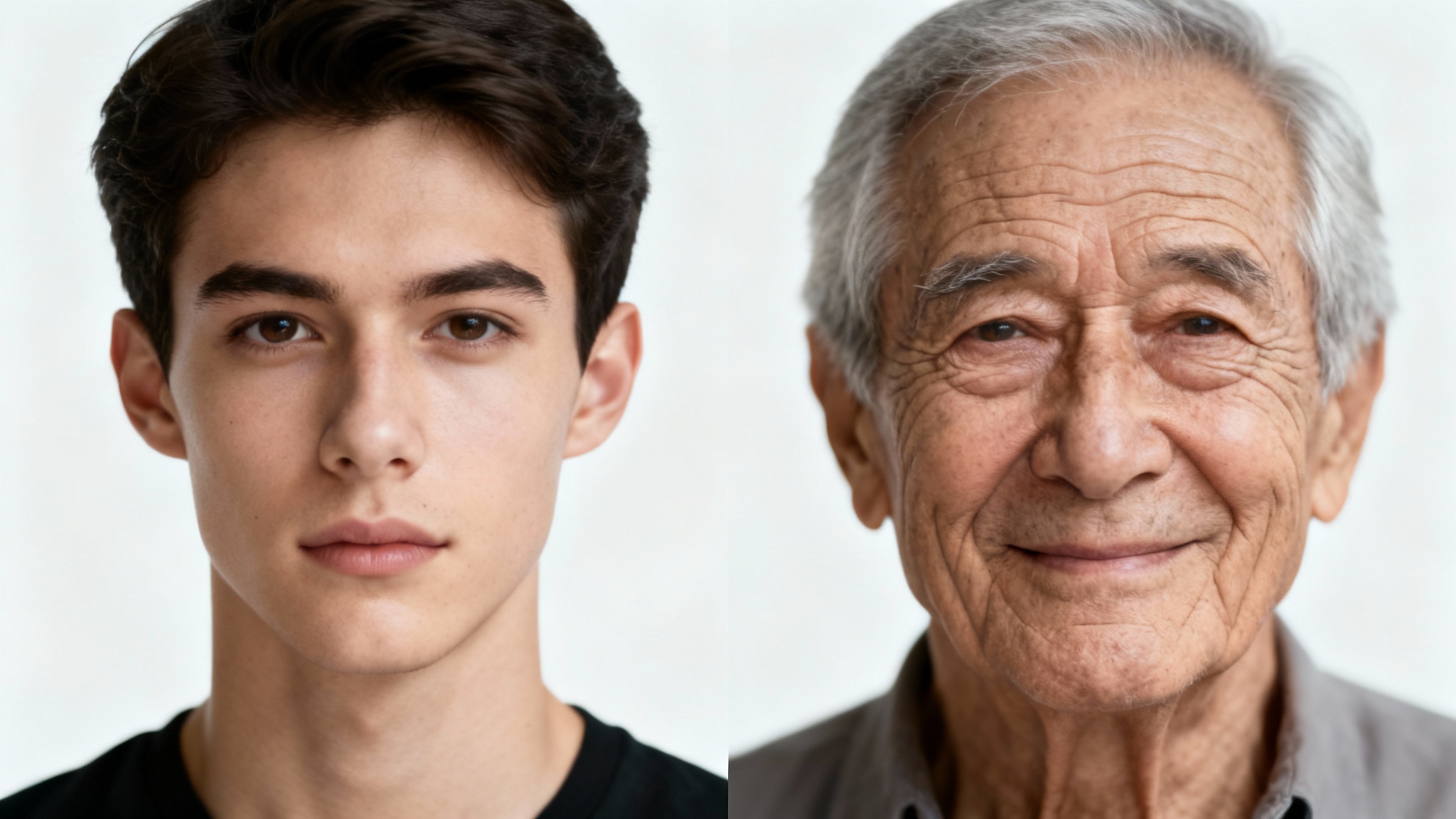 A side-by-side comparison showing the same man being aged. On the left is a photorealistic portrait of him in his 20s, and on the right is the same man aged to his 70s, against a stark white background.