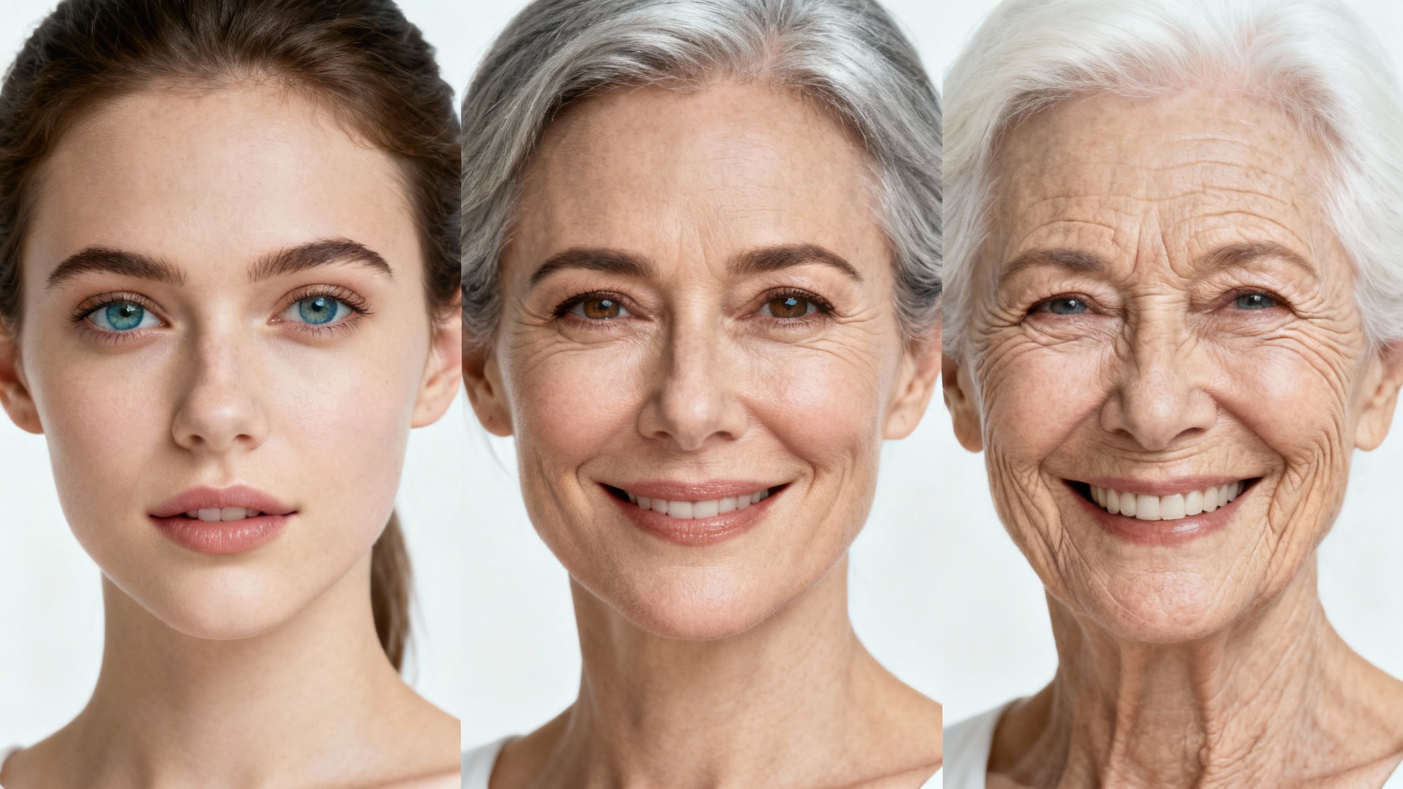 A triptych portrait showing the aging progression of a woman from her 20s, to her 40s, and finally to her 70s, against a plain white background.