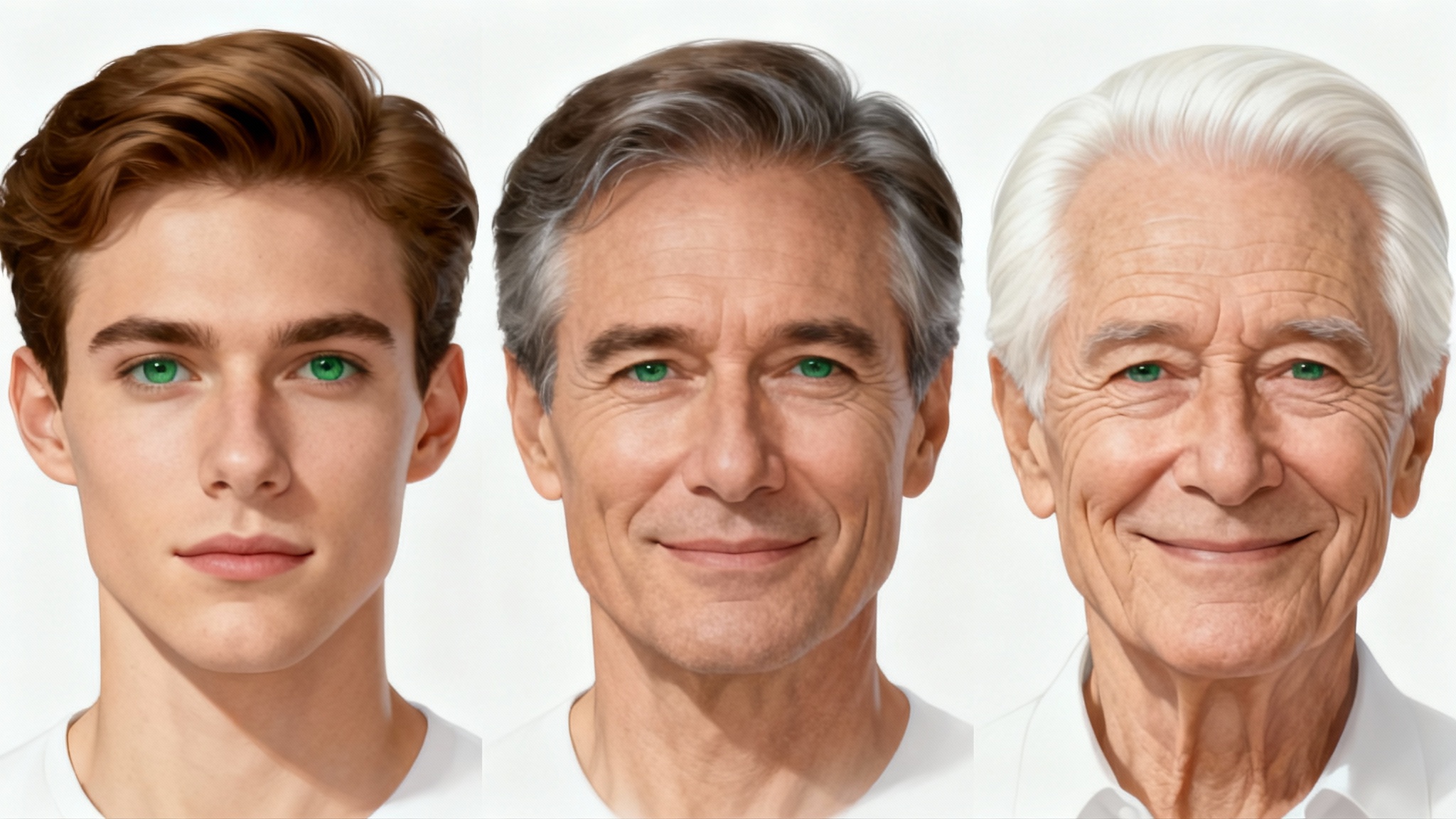 A triptych image showing the same man aging, with portraits of him as a young adult, a middle-aged man, and an elderly man, against a white background.