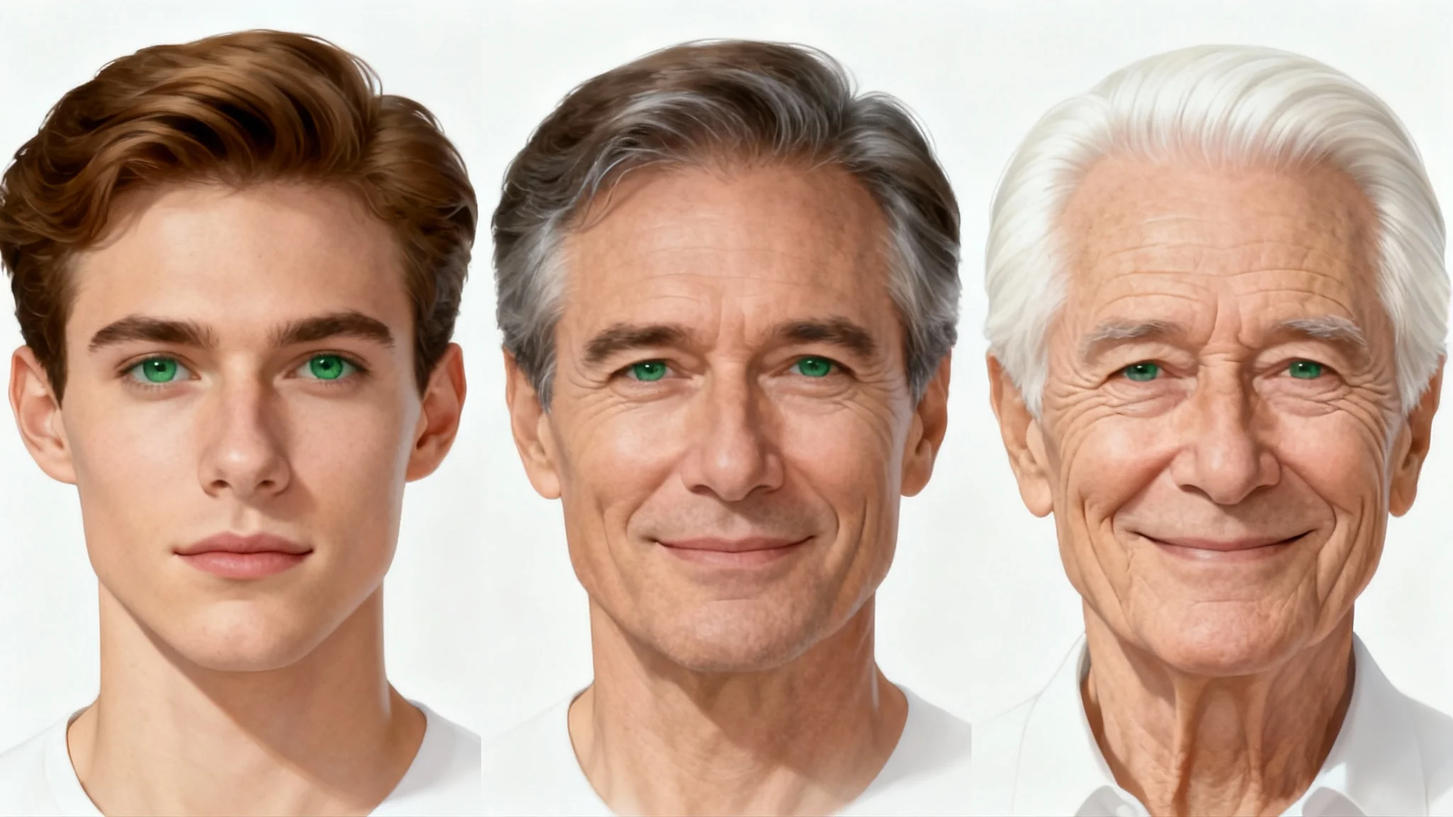 A triptych image showing the same man aging, with portraits of him as a young adult, a middle-aged man, and an elderly man, against a white background.