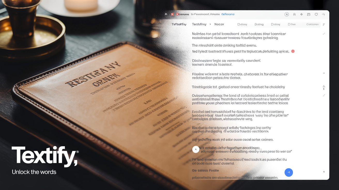 A conceptual image showing the result of image text extraction, with a photo of a menu on one side and the extracted, editable text in a digital document on the other.