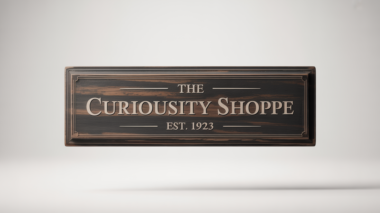 A close-up photograph of a vintage wooden sign with the legible text 'THE CURIOUSITY SHOPPE, EST. 1923' engraved on it, set against a plain white background to illustrate the concept of image text extraction.