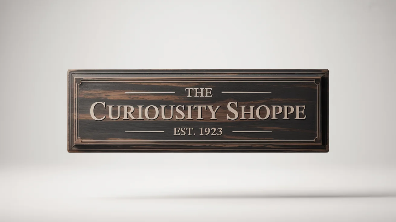 A close-up photograph of a vintage wooden sign with the legible text 'THE CURIOUSITY SHOPPE, EST. 1923' engraved on it, set against a plain white background to illustrate the concept of image text extraction.