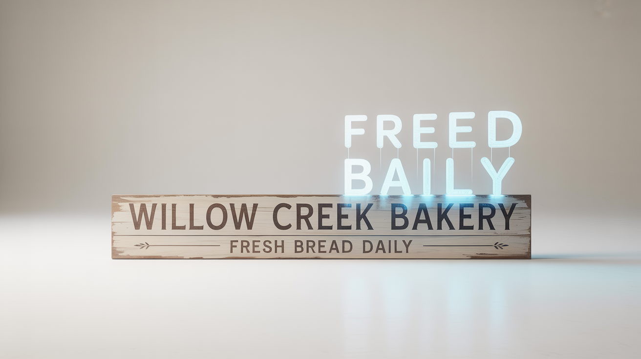 A conceptual image showing a rustic bakery sign with the text 'Willow Creek Bakery, Fresh Bread Daily'. Glowing digital letters are floating off the sign, visually representing image text extraction.