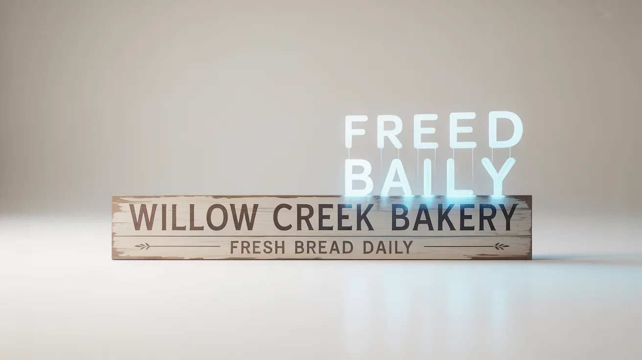 A conceptual image showing a rustic bakery sign with the text 'Willow Creek Bakery, Fresh Bread Daily'. Glowing digital letters are floating off the sign, visually representing image text extraction.