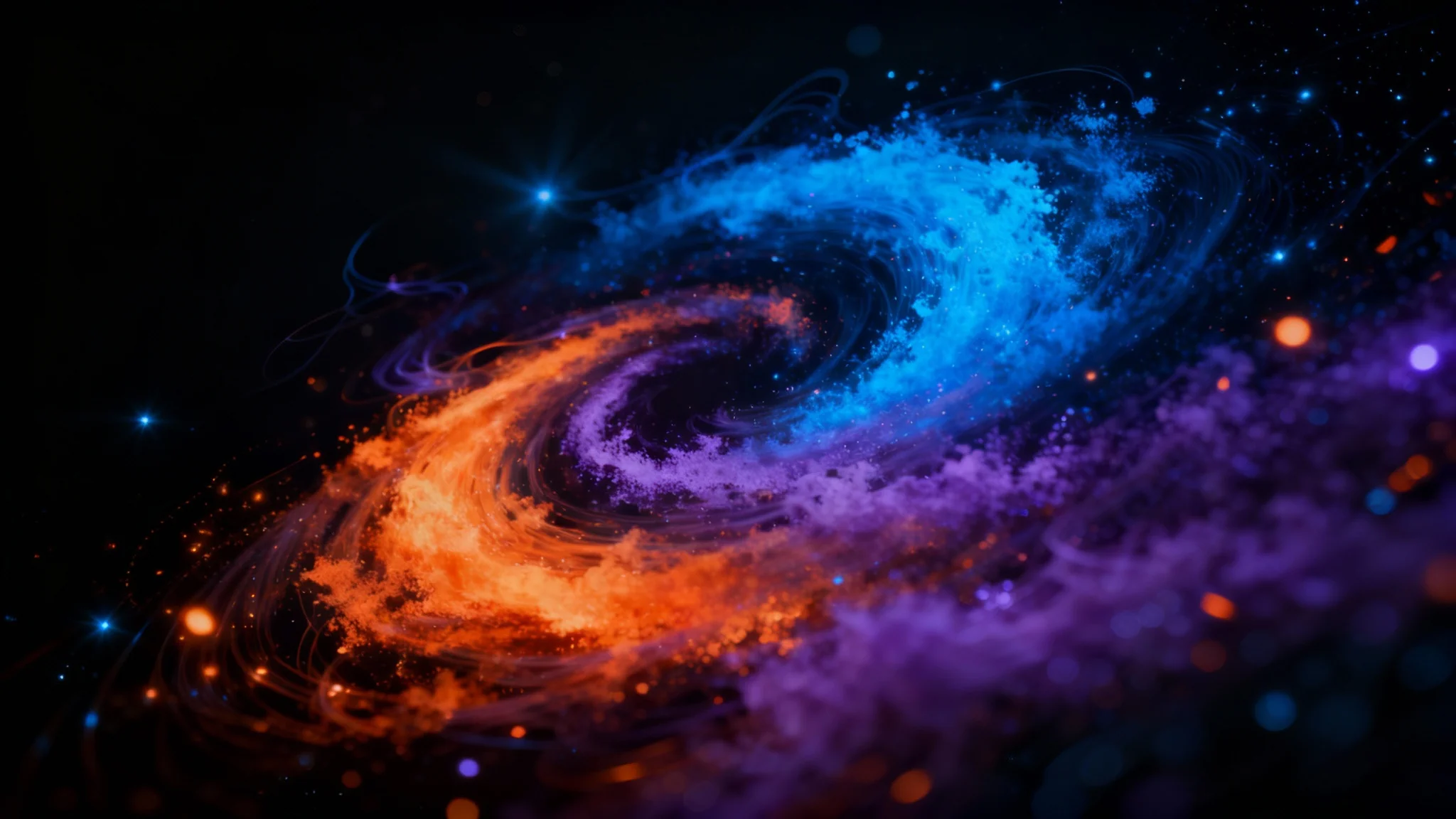 A stunning hero image displaying a professional particle effect, with swirling vortexes of glowing blue, orange, and purple particles against a black background, creating a sense of dynamic energy and magic.