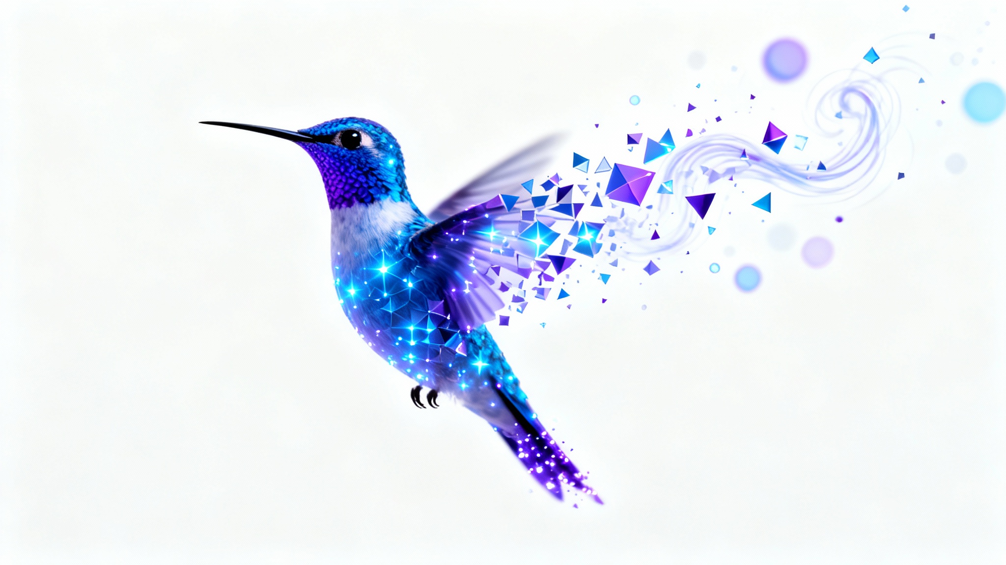 A digital art mockup showing a vibrant hummingbird dissolving into a cloud of glowing geometric particles against a clean white background, demonstrating a particle effect.