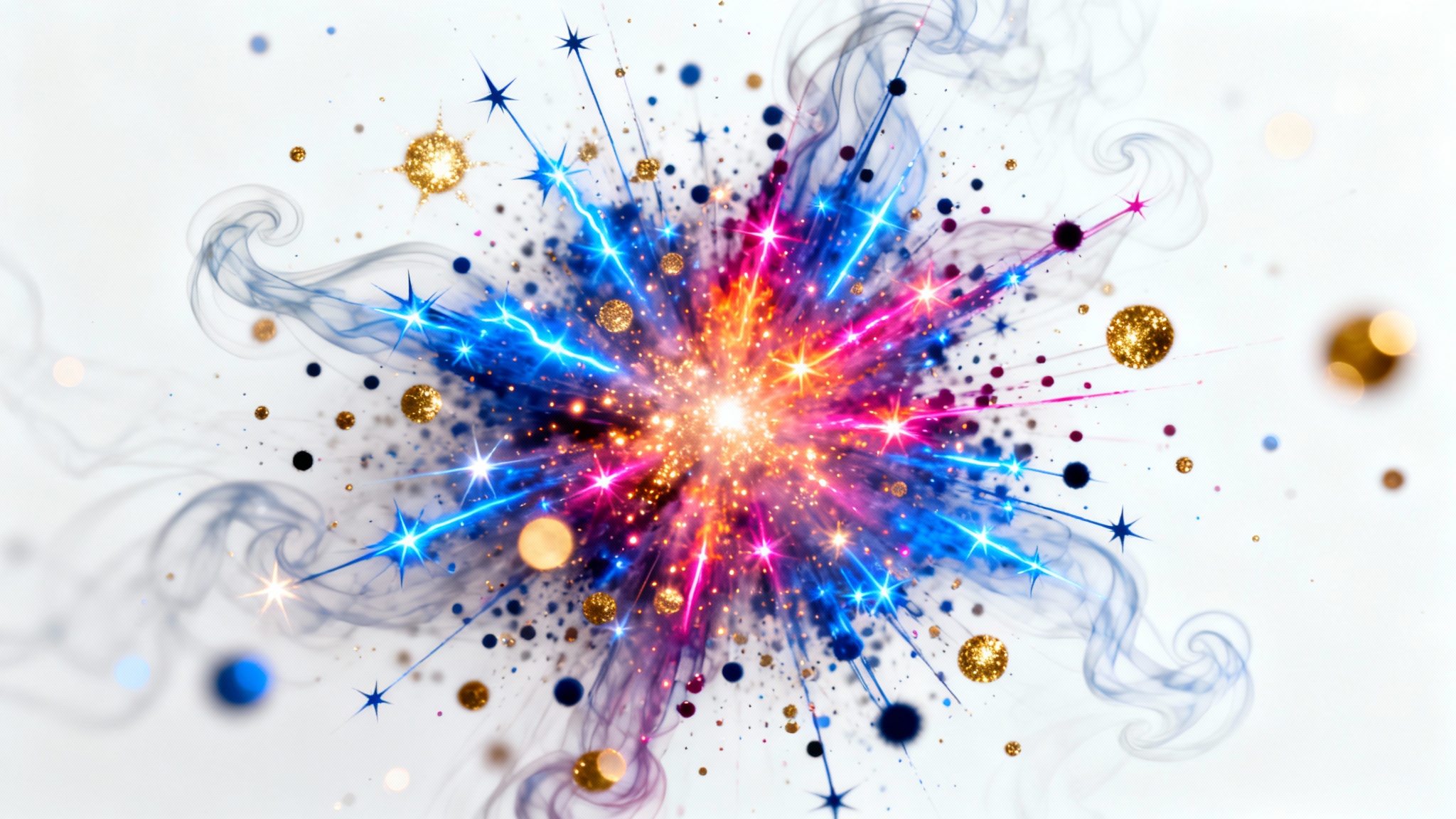 A vibrant explosion of blue, magenta, and gold particles frozen in time against a clean white background, creating a dynamic and abstract visual effect.