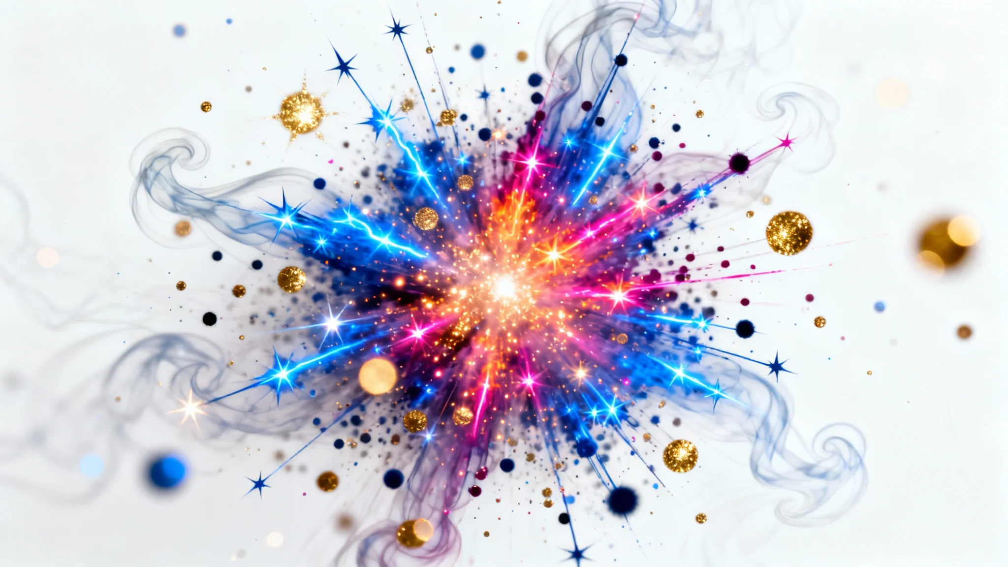A vibrant explosion of blue, magenta, and gold particles frozen in time against a clean white background, creating a dynamic and abstract visual effect.