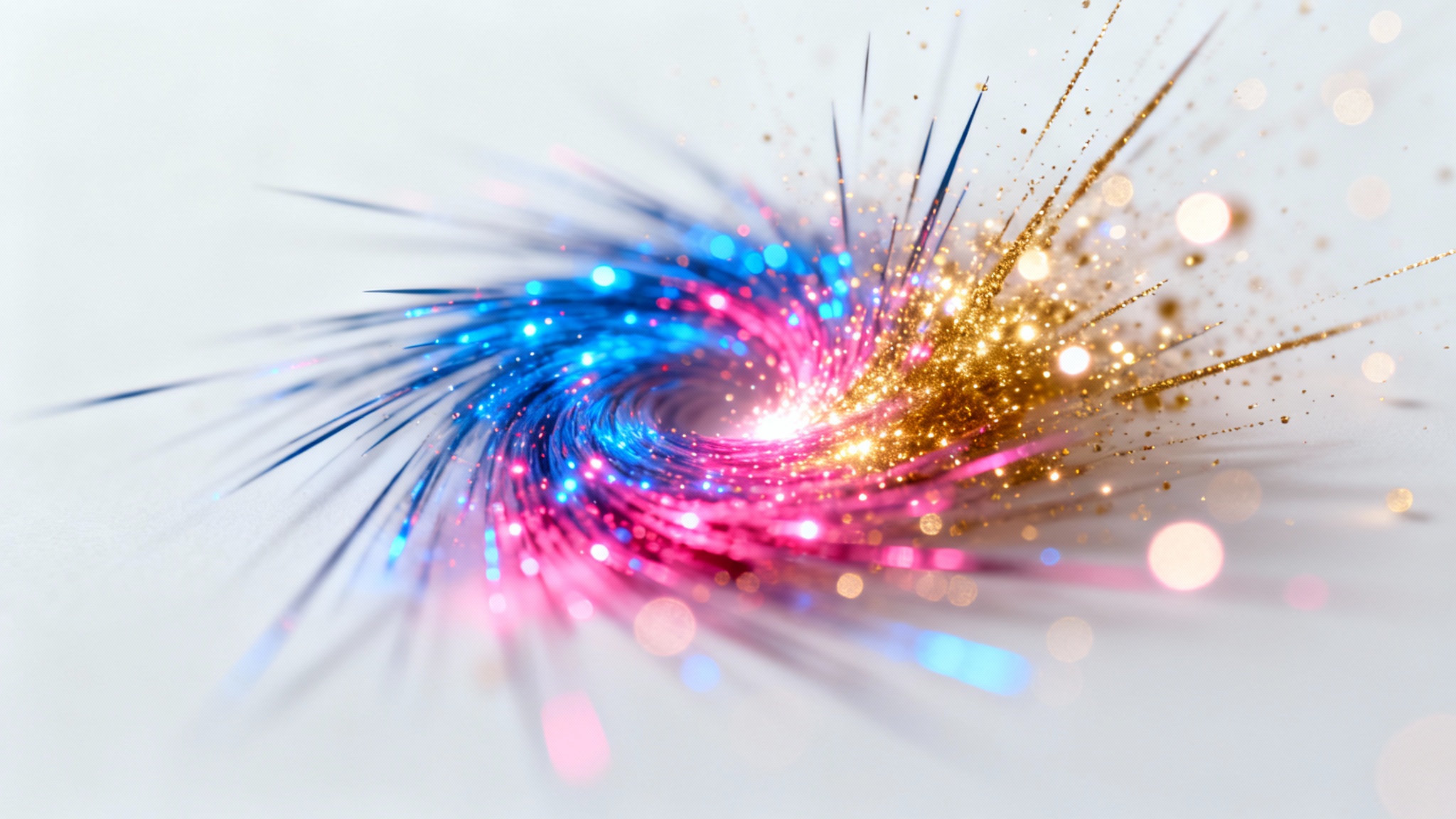 A dynamic swirl of glowing digital particles in blue, pink, and gold, captured in mid-motion against a stark white background, demonstrating a particle effect.