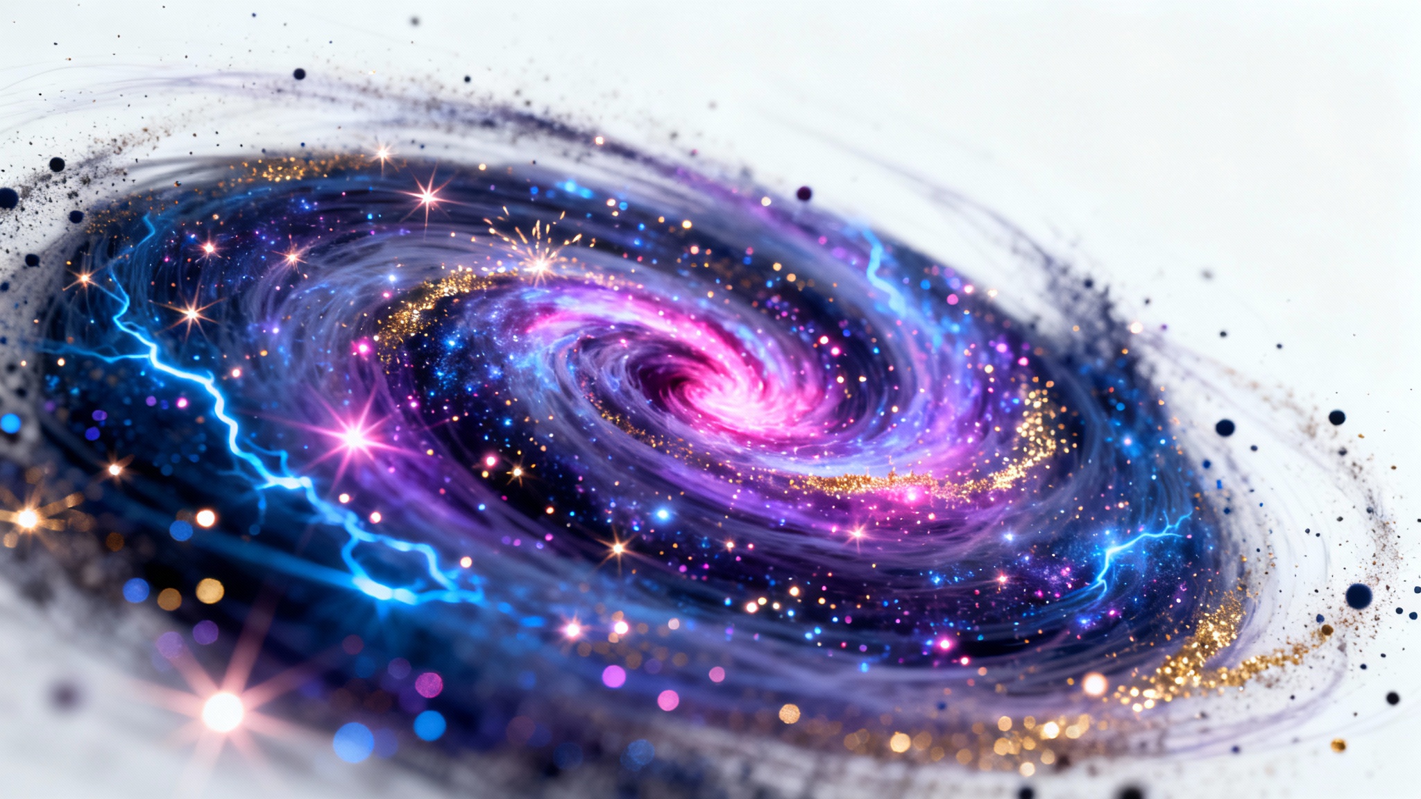 A dynamic swirl of glowing particles in shades of blue, purple, and magenta, creating a vortex of light and energy against a plain white background, illustrating a particle effect.