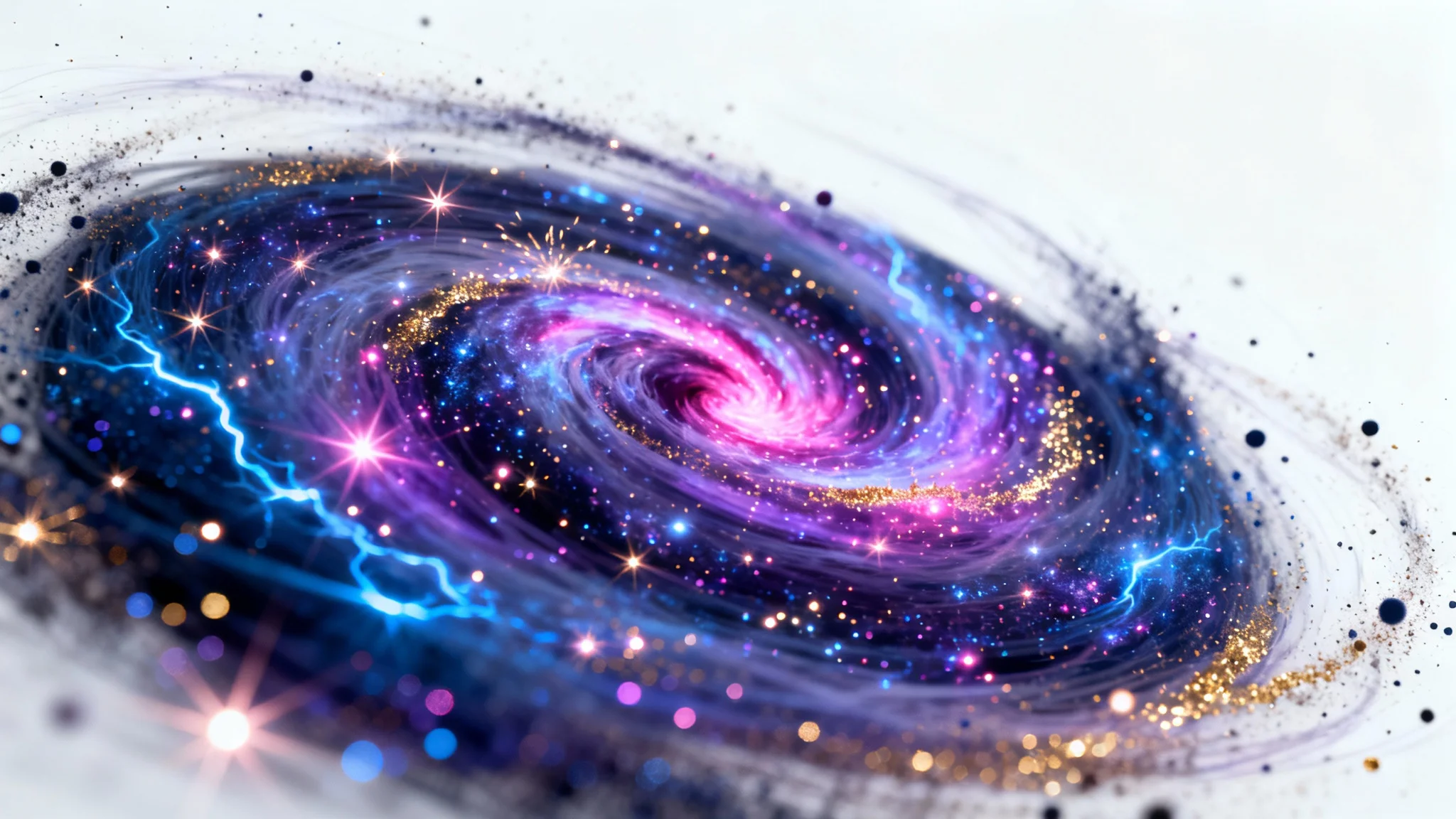 A dynamic swirl of glowing particles in shades of blue, purple, and magenta, creating a vortex of light and energy against a plain white background, illustrating a particle effect.