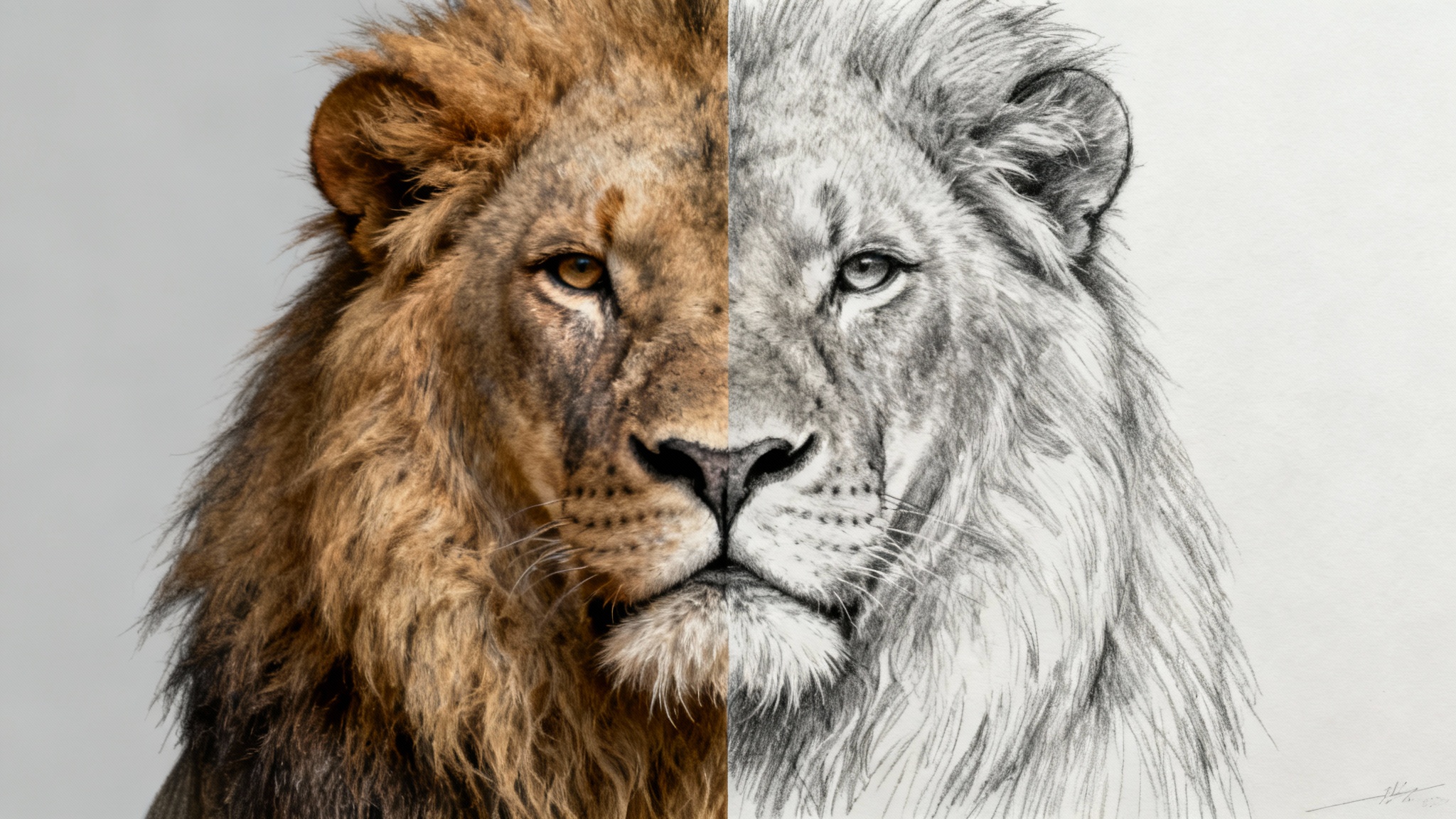 A dramatic image split in half, demonstrating a photo-to-sketch effect. The left side is a color photo of a lion's face, and the right side is a detailed black and white pencil sketch of the same lion.