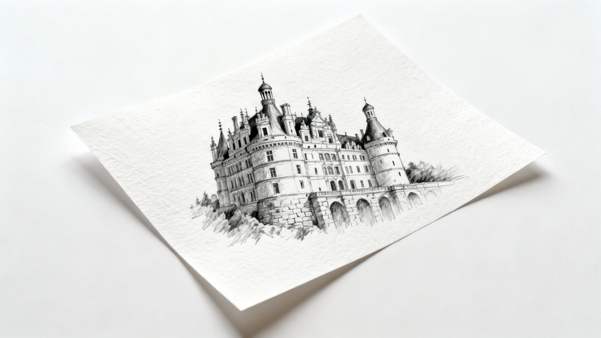 A highly detailed pencil sketch of a magnificent castle on a sheet of white paper, presented against a clean white background.