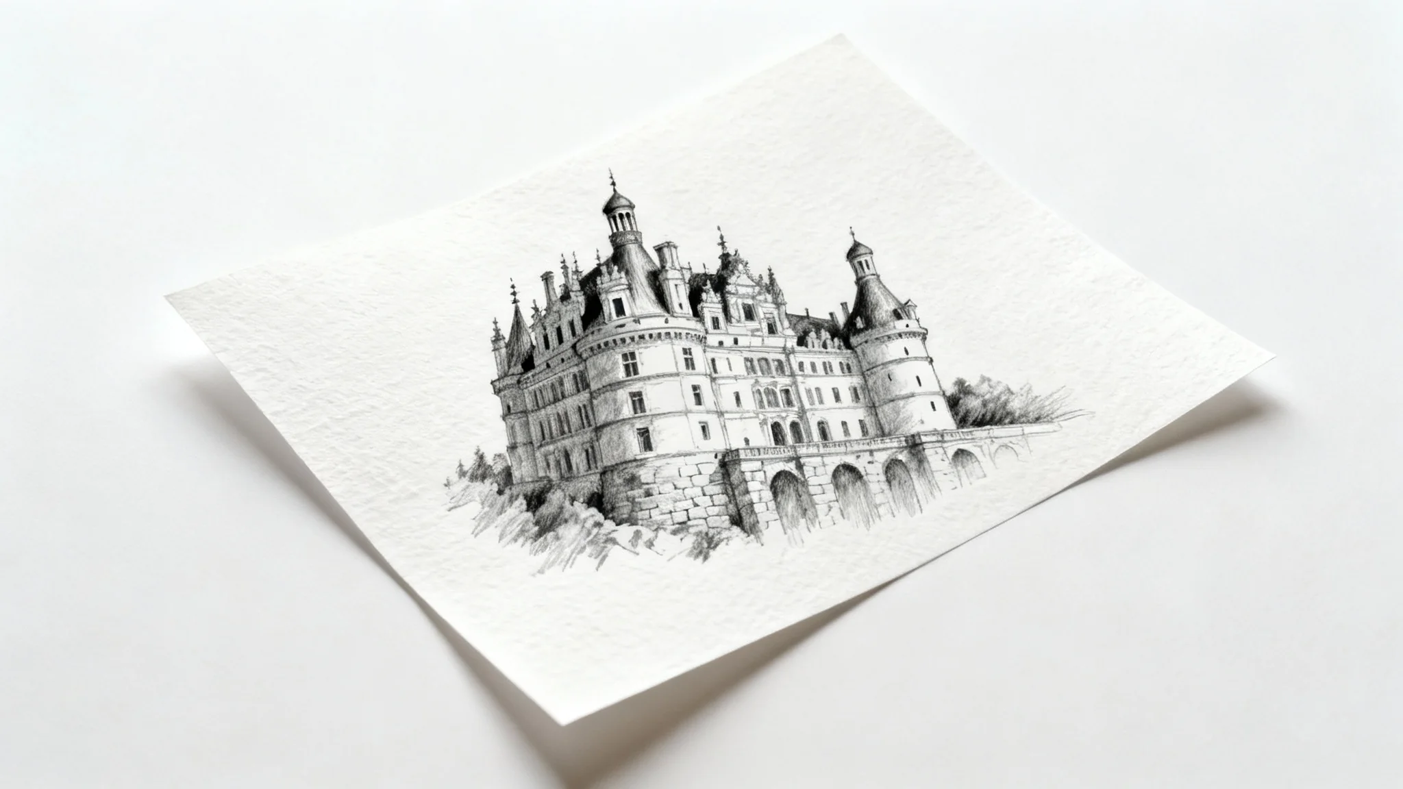 A highly detailed pencil sketch of a magnificent castle on a sheet of white paper, presented against a clean white background.