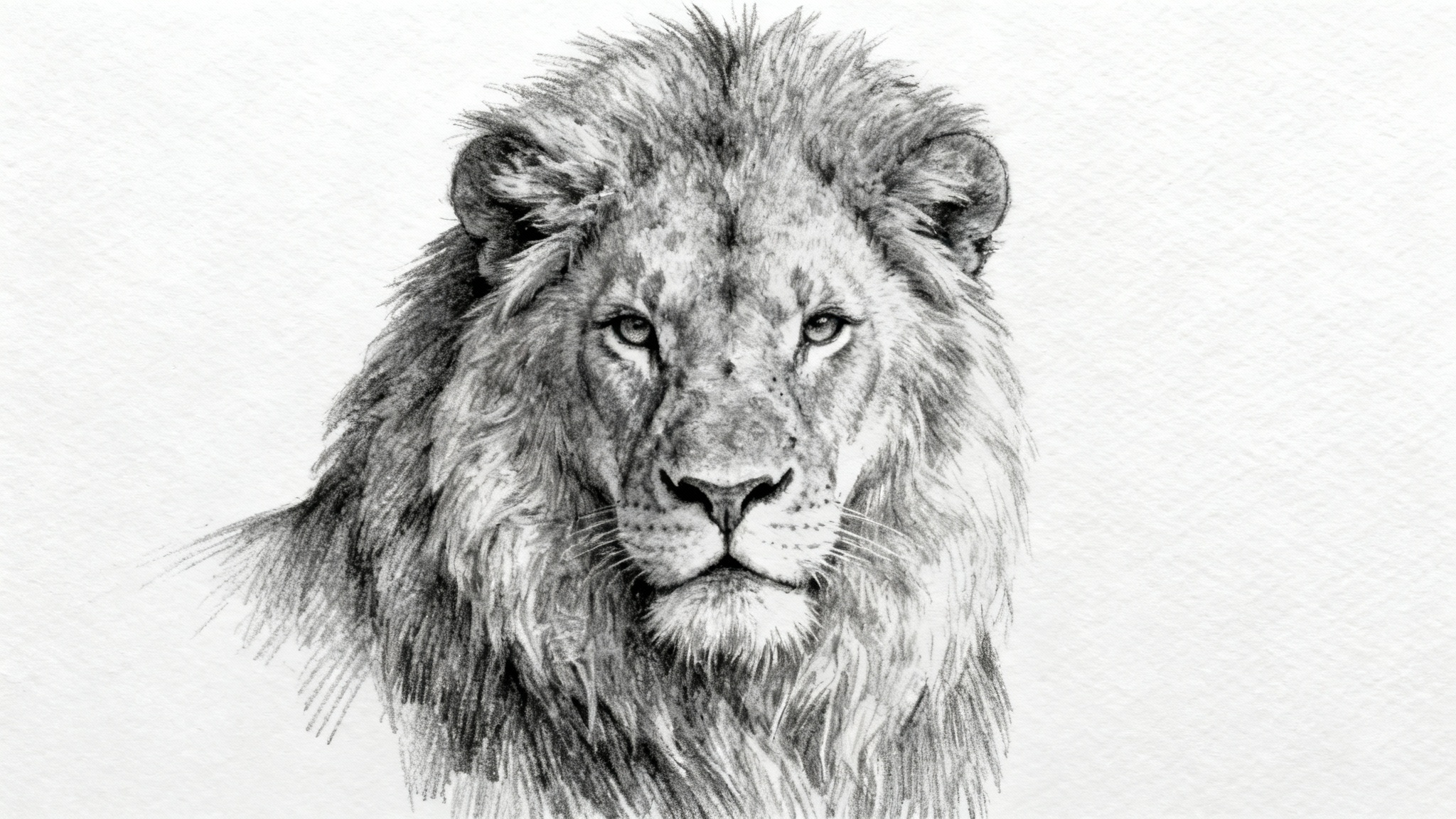 A hyper-realistic charcoal and graphite sketch of a majestic lion's head, demonstrating intricate shading and detail in its mane, presented on a clean white background.