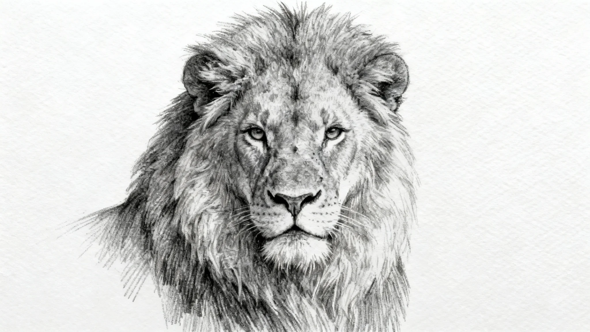 A hyper-realistic charcoal and graphite sketch of a majestic lion's head, demonstrating intricate shading and detail in its mane, presented on a clean white background.