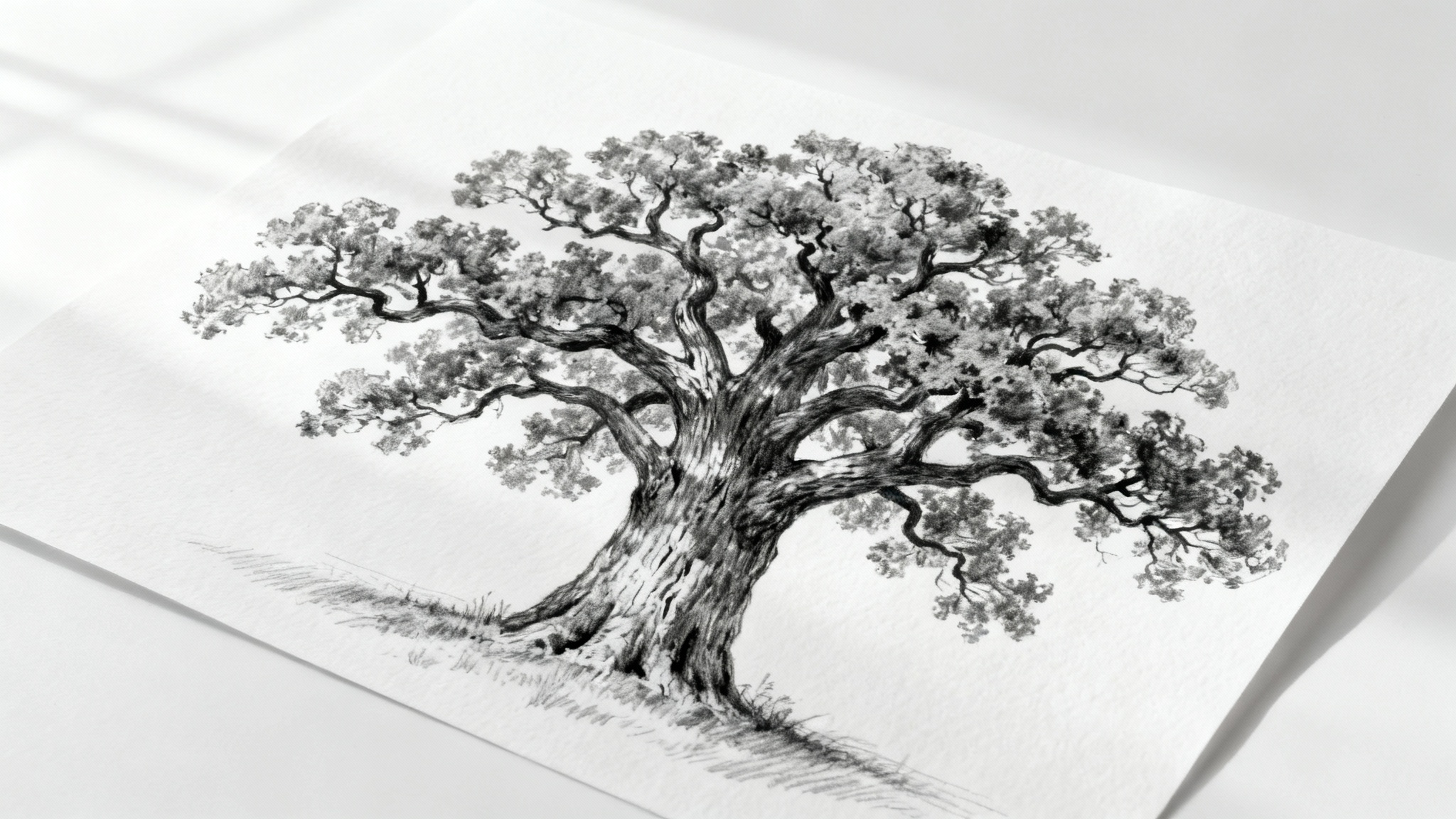 A highly detailed, realistic pencil sketch of a large oak tree on a sheet of paper, placed on a clean white background.