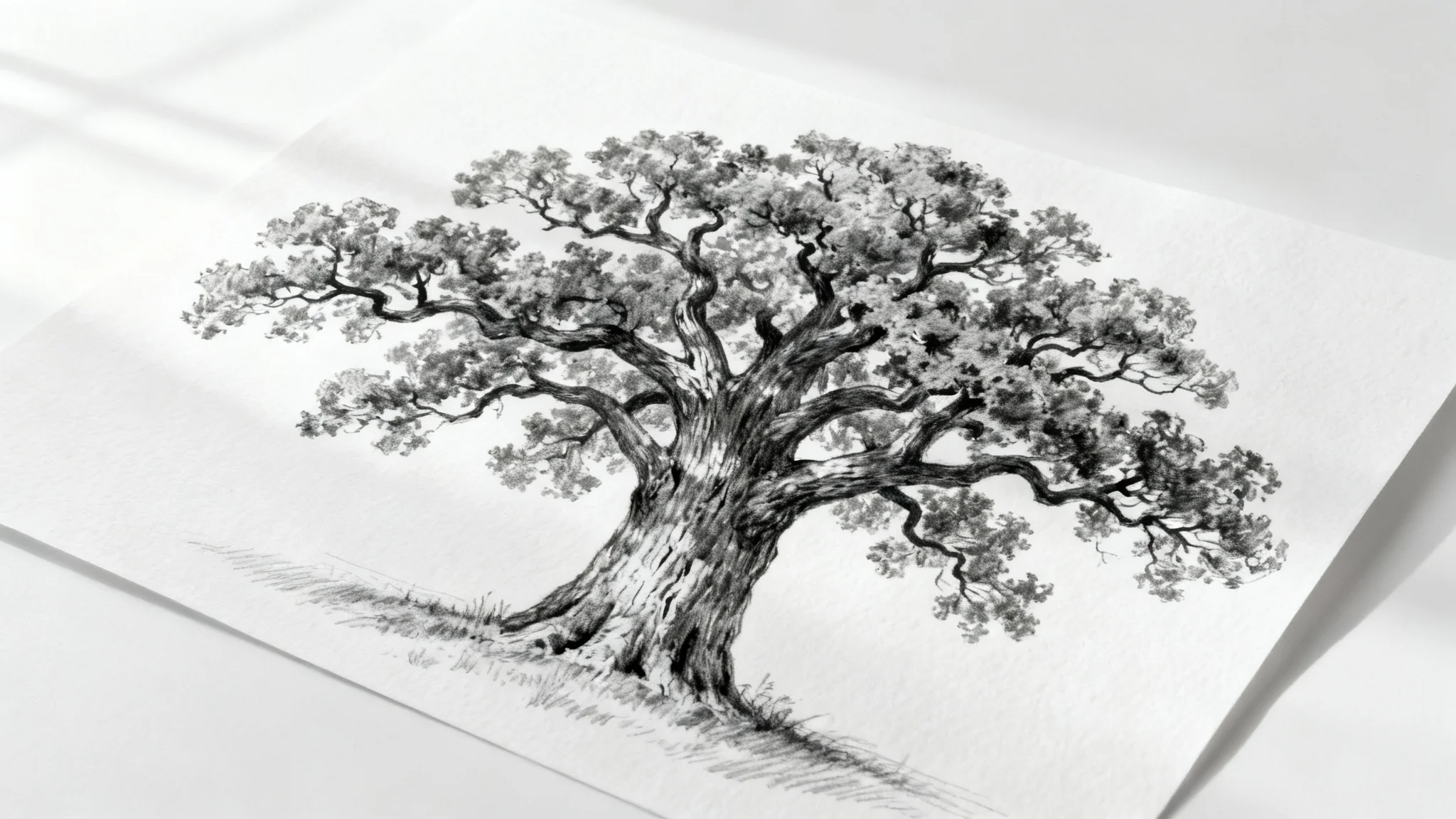 A highly detailed, realistic pencil sketch of a large oak tree on a sheet of paper, placed on a clean white background.